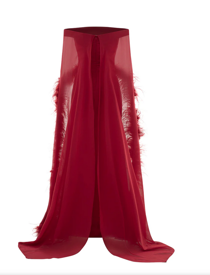 Feather-Trimmed Cape Gown - Crimson