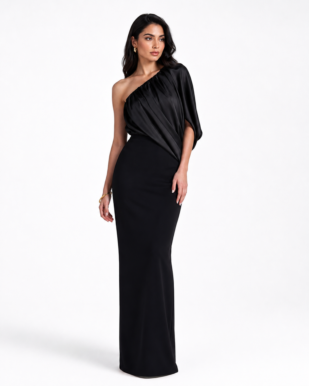 Black One-Shoulder Draped Maxi Dress - Eclipse
