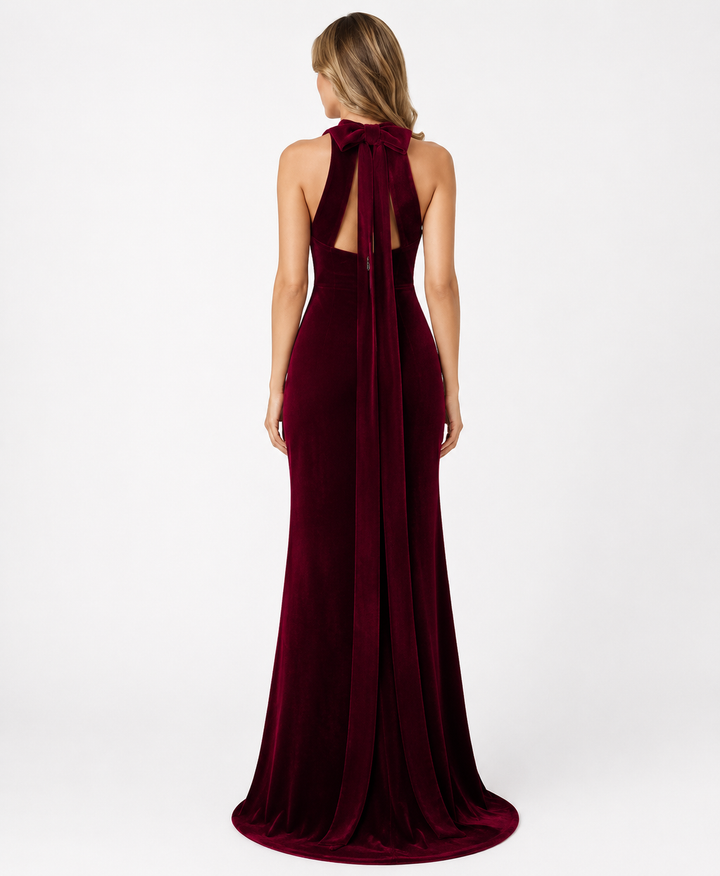 Burgundy Velvet Halter Gown – Merlot