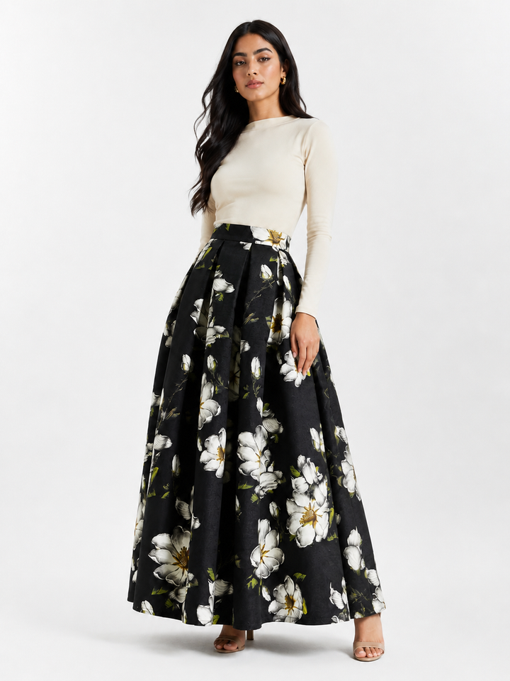 Floral High-Waisted A-Line Midi Skirt - Bloom