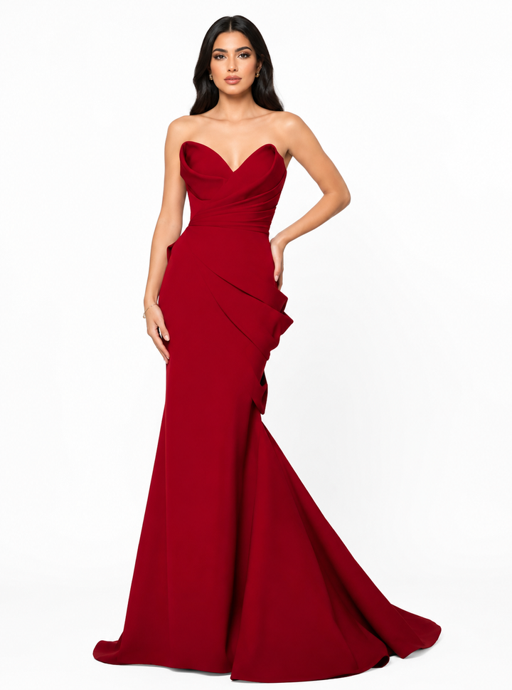 Strapless Draped Mermaid Gown - Crimson