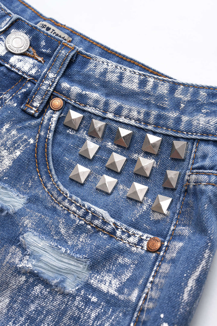 Denim Metallic High Waist Studded Shorts