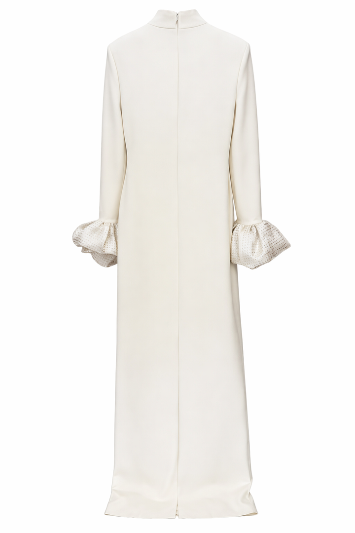 high-neck long sleeve maxi dress with ruffle cuffs – LUMINA