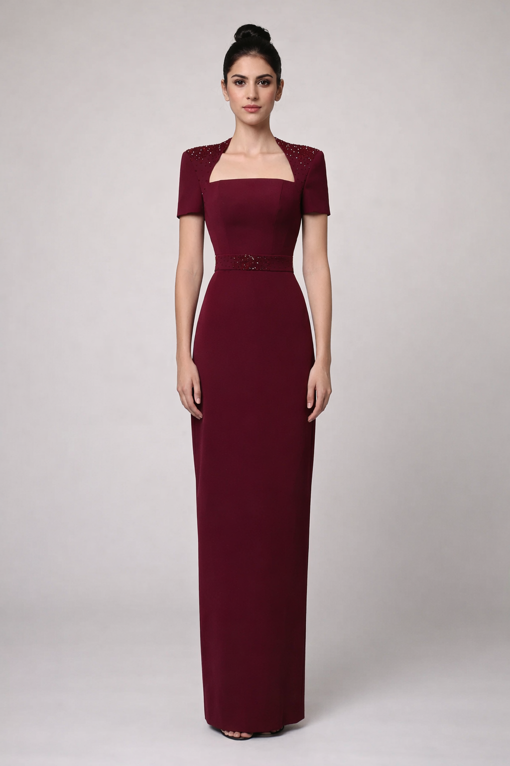 square neckline column dress with embellished shoulders – CRIMSON