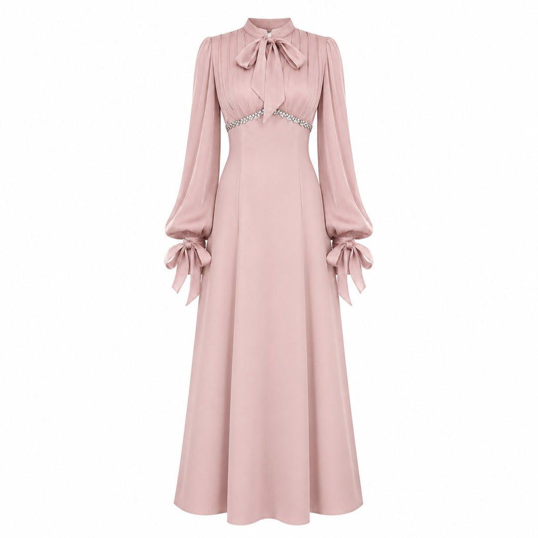 Elegant Pearl Waist Tie-Neck Maxi Dress - Grace