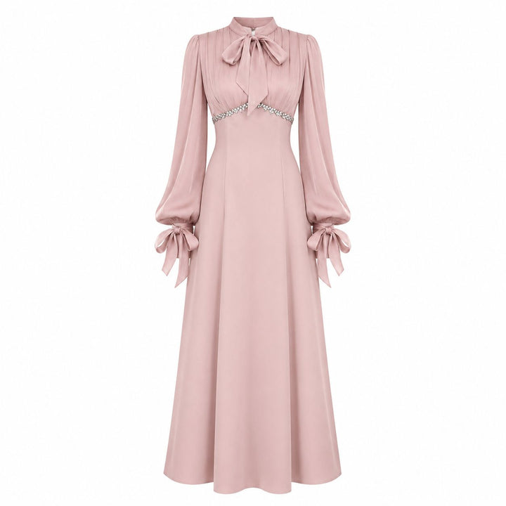 Elegant Pearl Waist Tie-Neck Maxi Dress - Grace