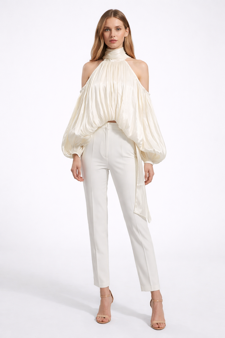 halter neck blouse with draped chiffon volume – IVORY