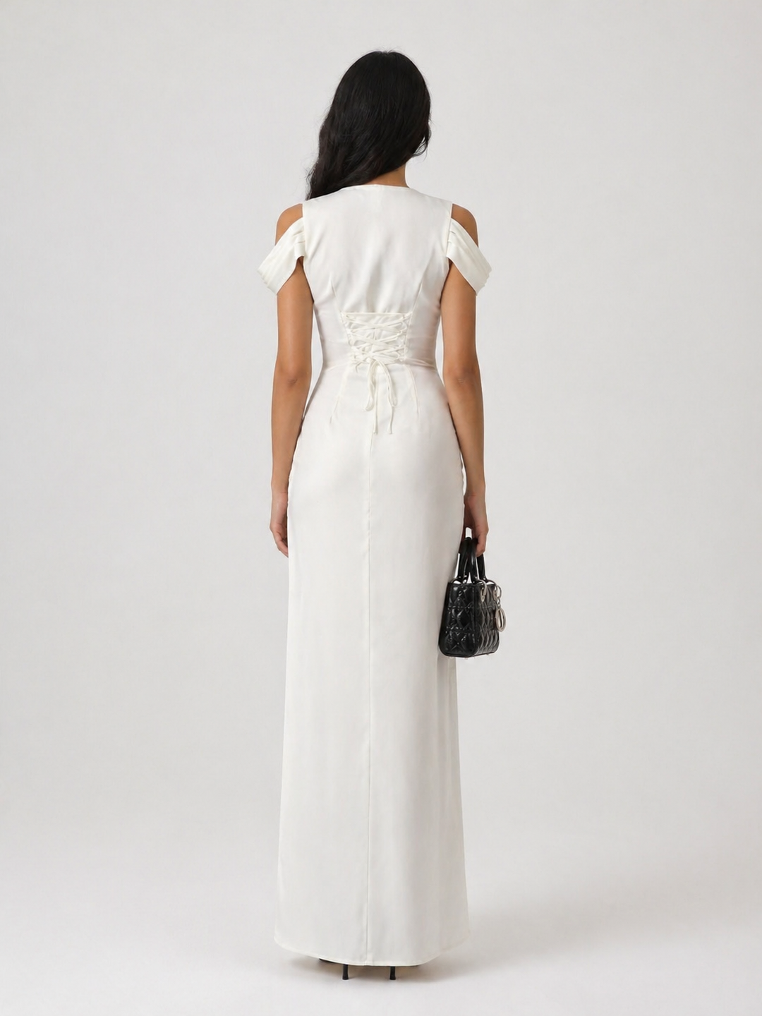 Ivory Embellished Maxi Dress with Cut-Shoulder Detail – ÉLARA