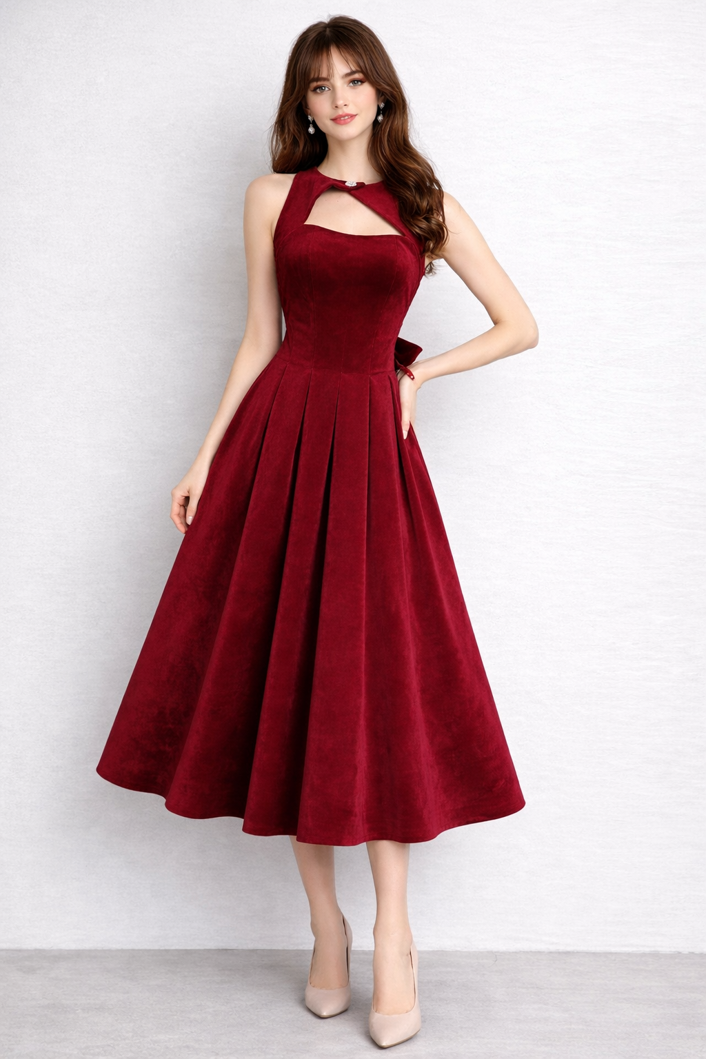 Name: sleeveless fit-and-flare dress with keyhole neckline and back bow – RUBINA