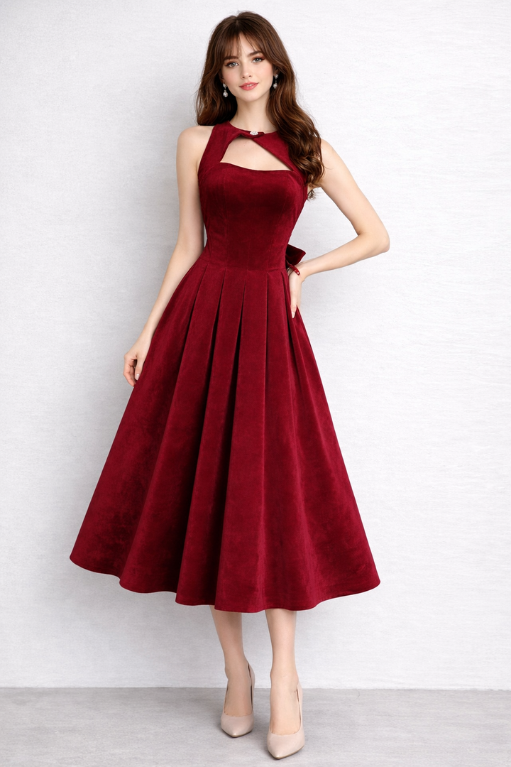 Name: sleeveless fit-and-flare dress with keyhole neckline and back bow – RUBINA