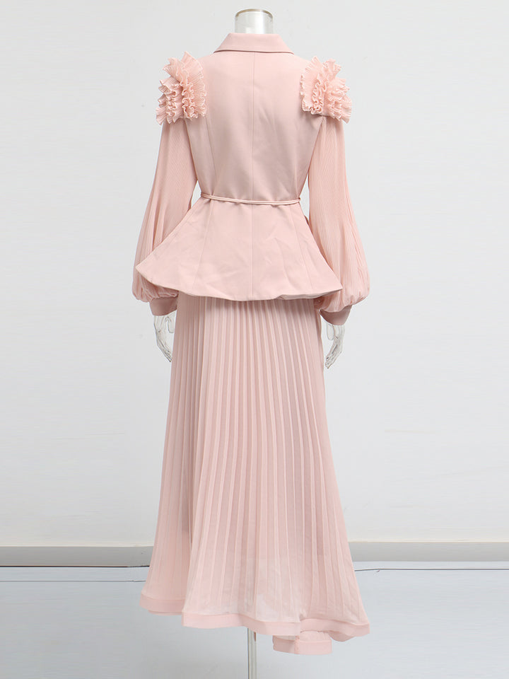 pleated maxi skirt set with ruffle collar blazer - AZURE
