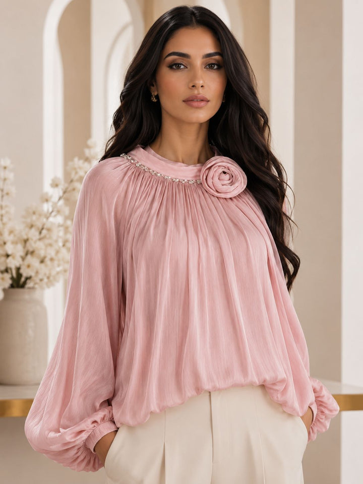 Luxury Rose Detail Satin Blouse - Glamour