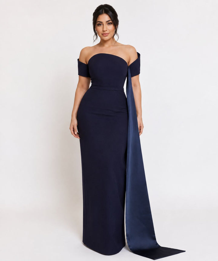 off-shoulder column gown with satin drape – ICON-1