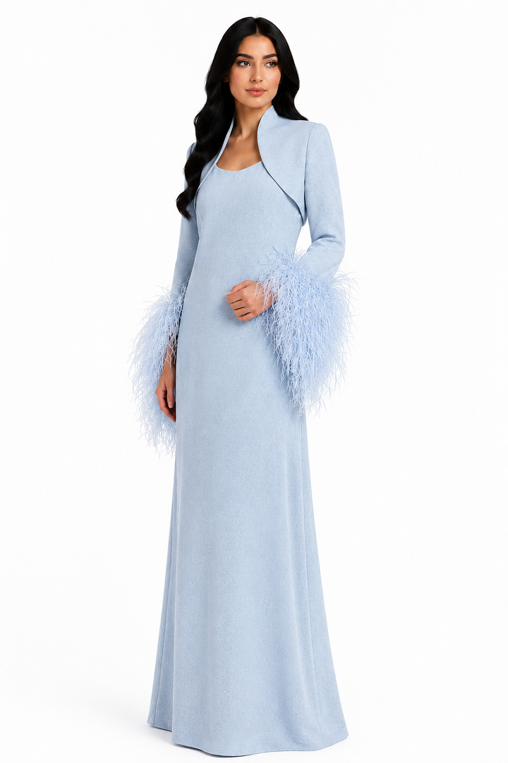 Powder Blue Feather Cuff Maxi Dress - Celeste
