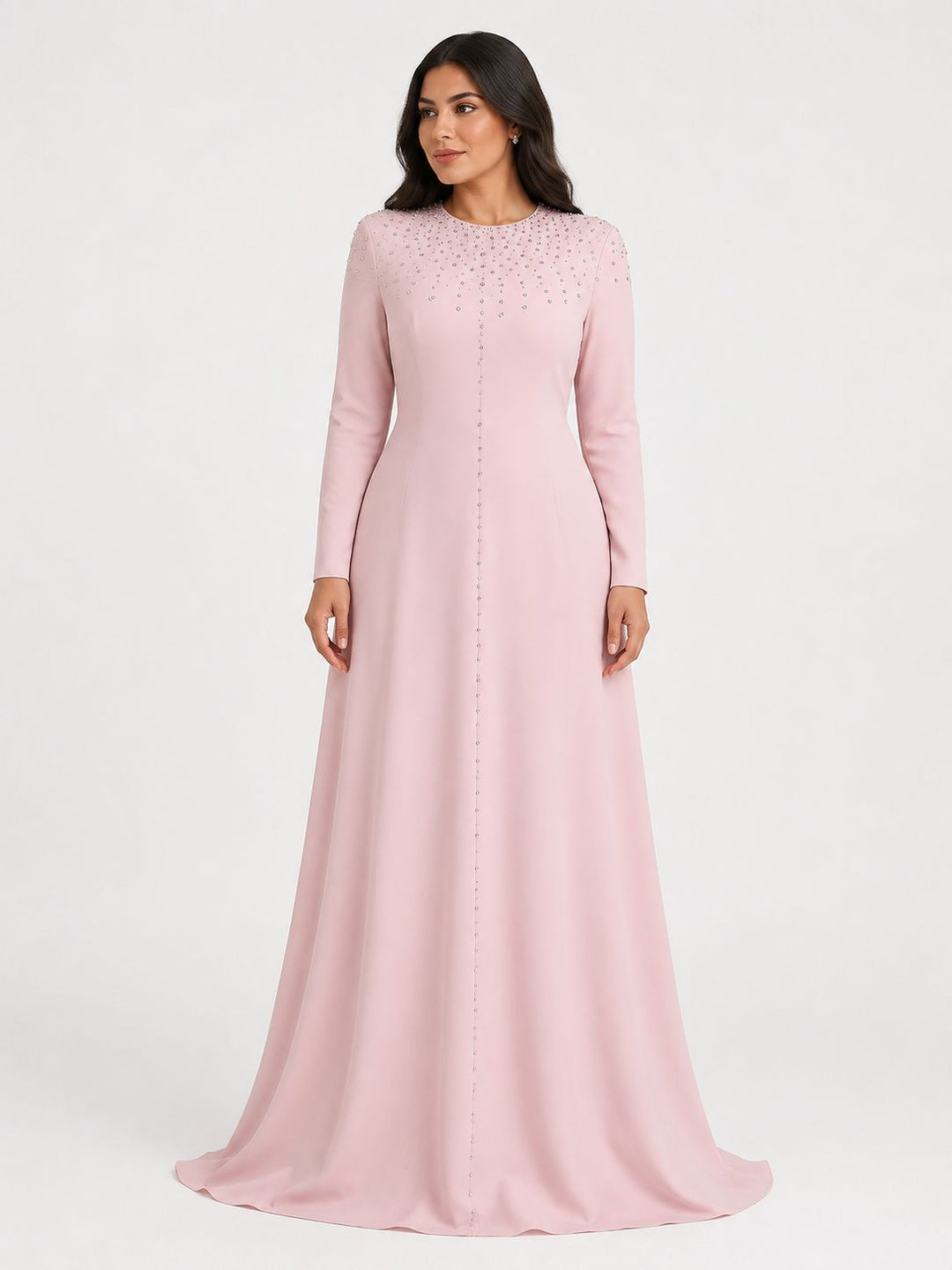 long sleeve embellished a-line gown with front detailing – BLUSH-1