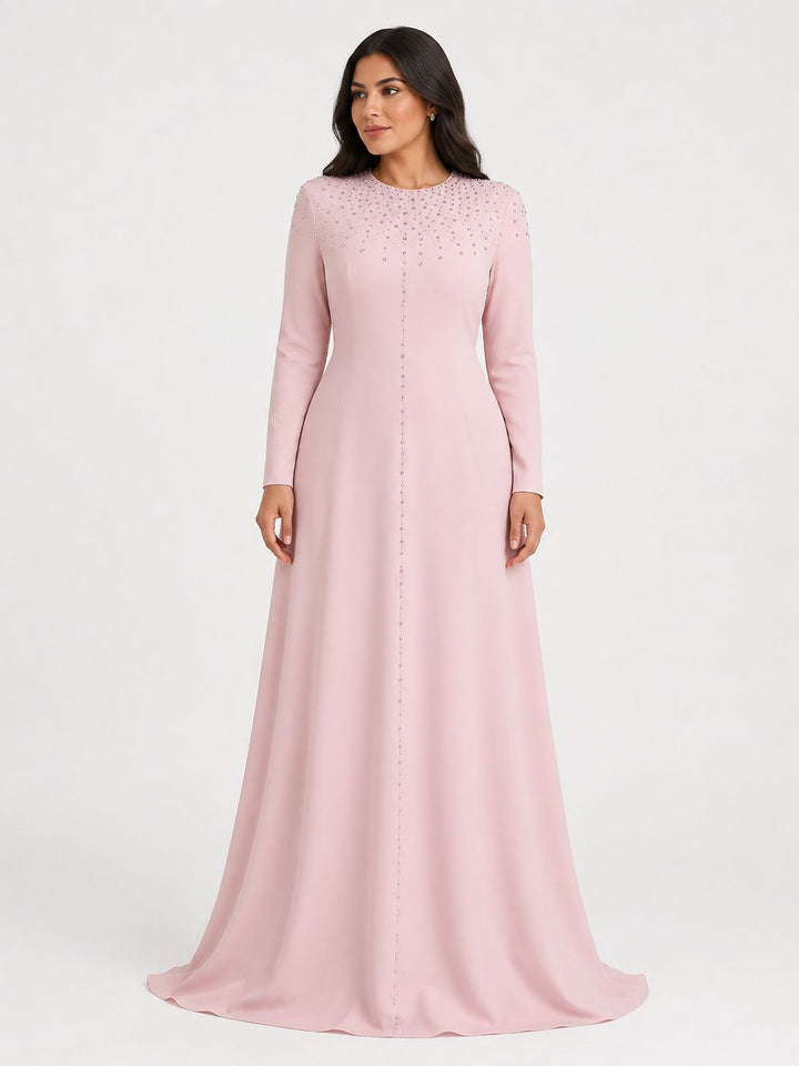 long sleeve embellished a-line gown with front detailing – BLUSH-1
