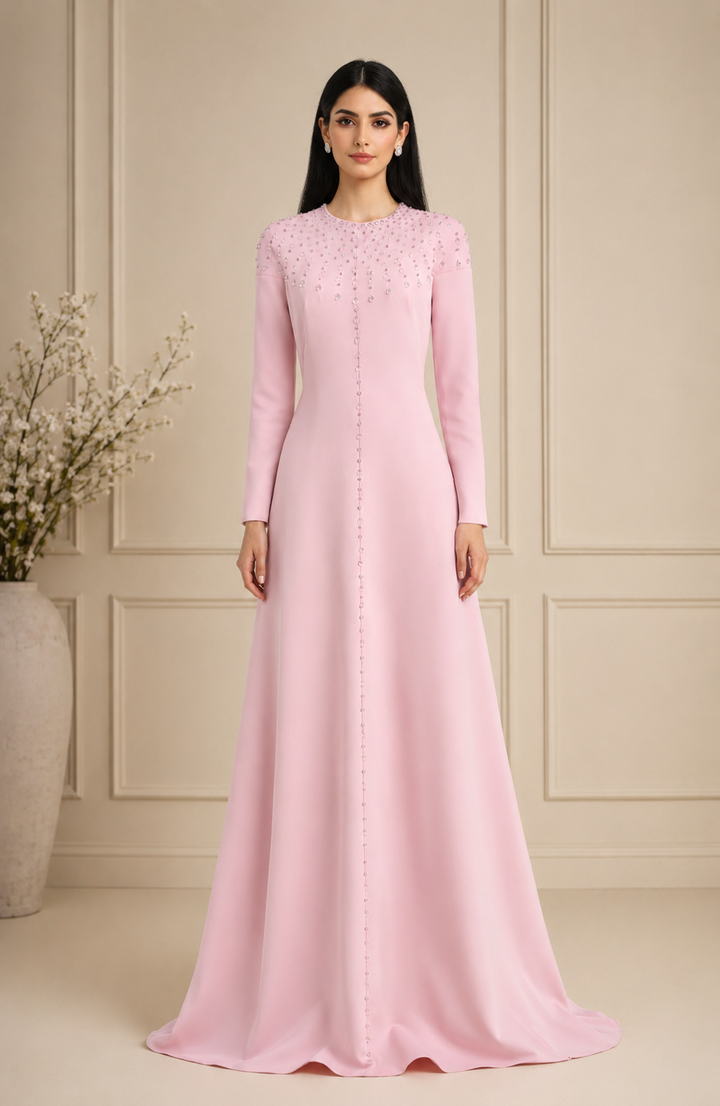 long sleeve embellished a-line gown with front detailing – BLUSH-1