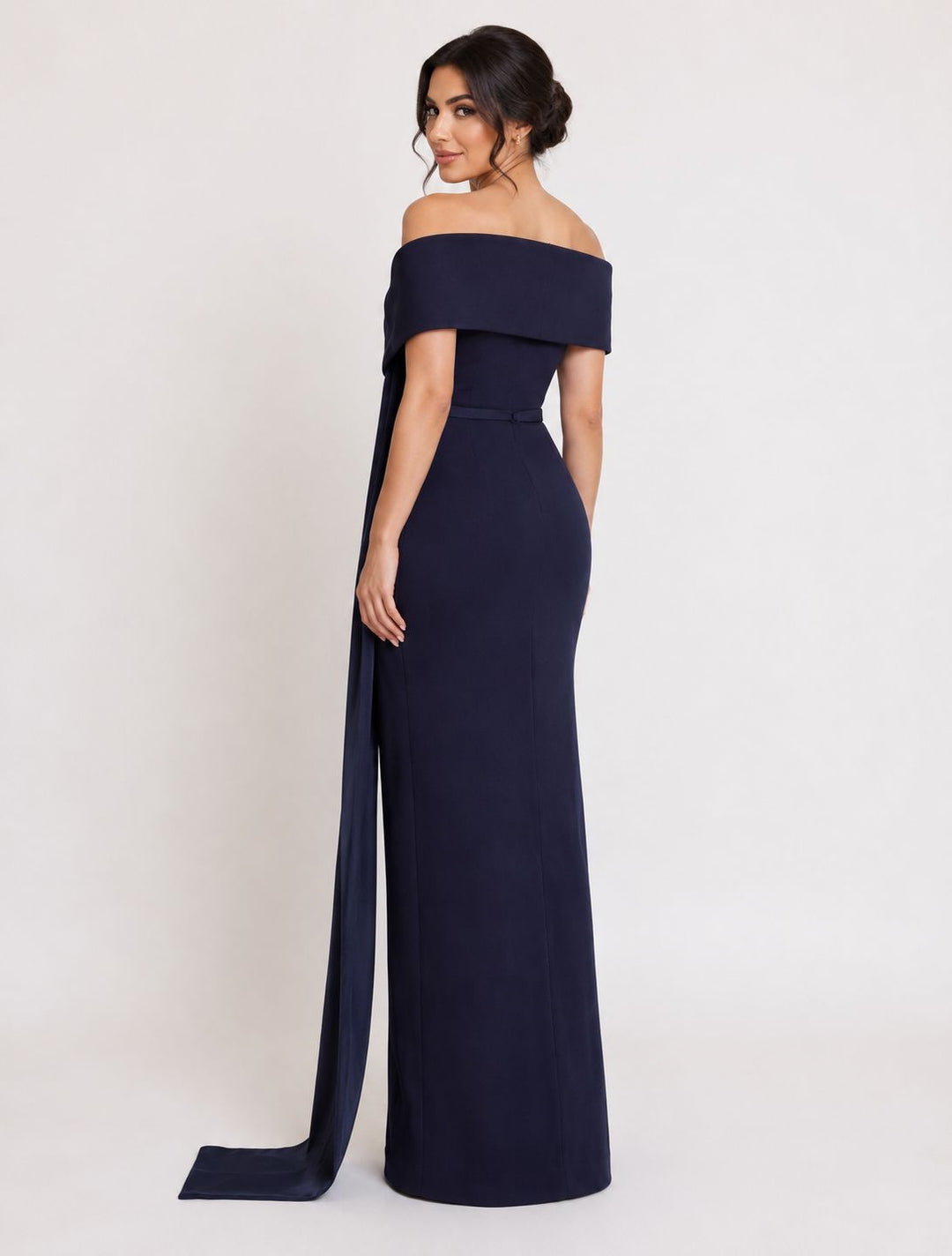 off-shoulder column gown with satin drape – ICON-1