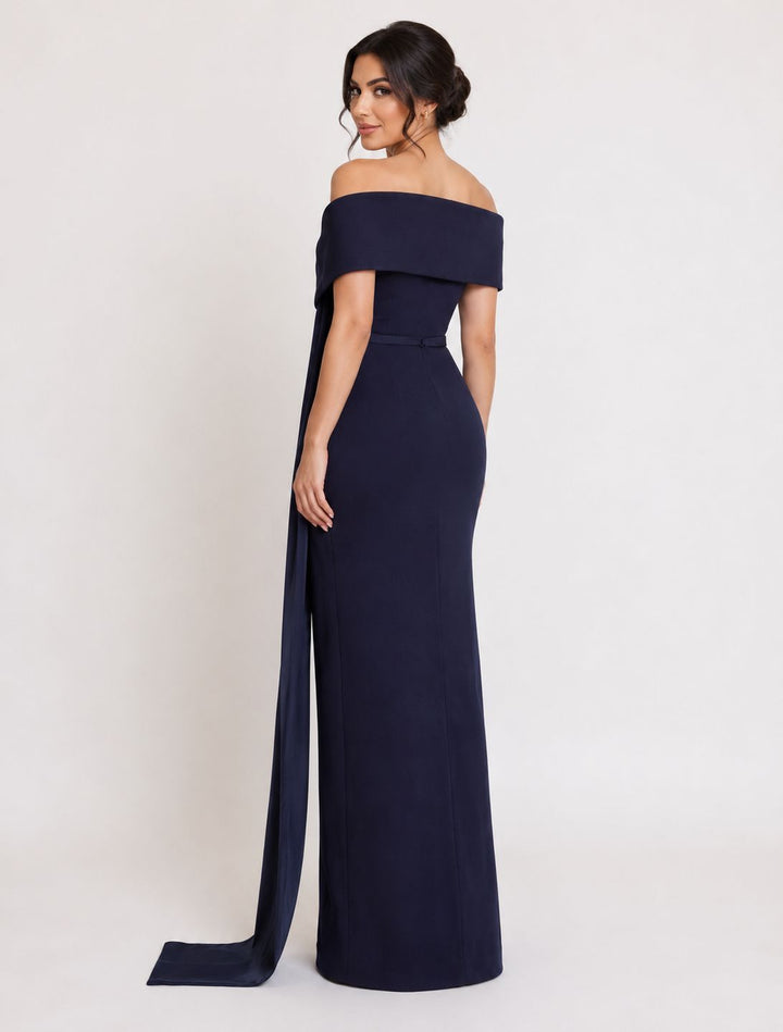 off-shoulder column gown with satin drape – ICON-1