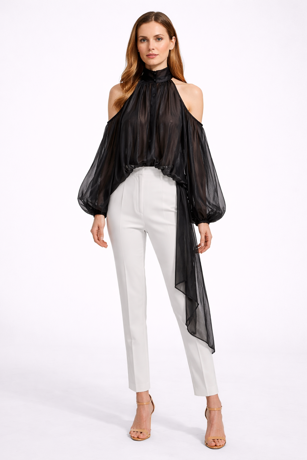 halter neck blouse with draped chiffon volume – IVORY
