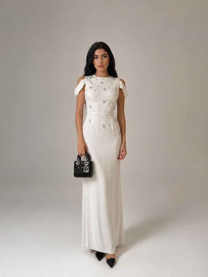 Ivory Embellished Maxi Dress with Cut-Shoulder Detail – ÉLARA