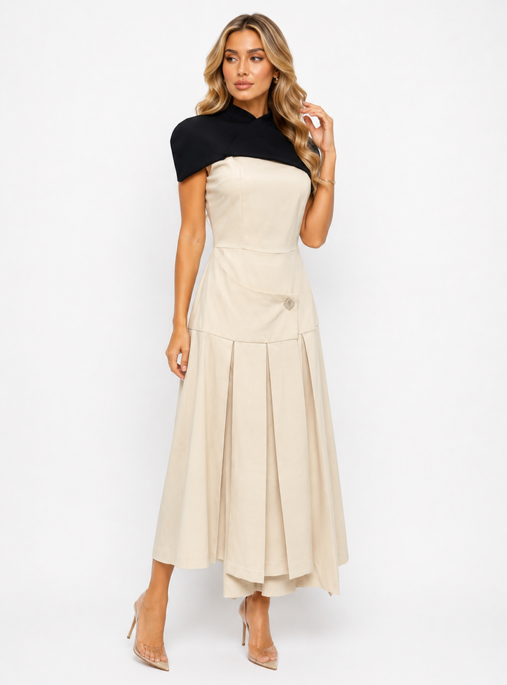 Contrast Cape Pleated Midi Dress - Ivory