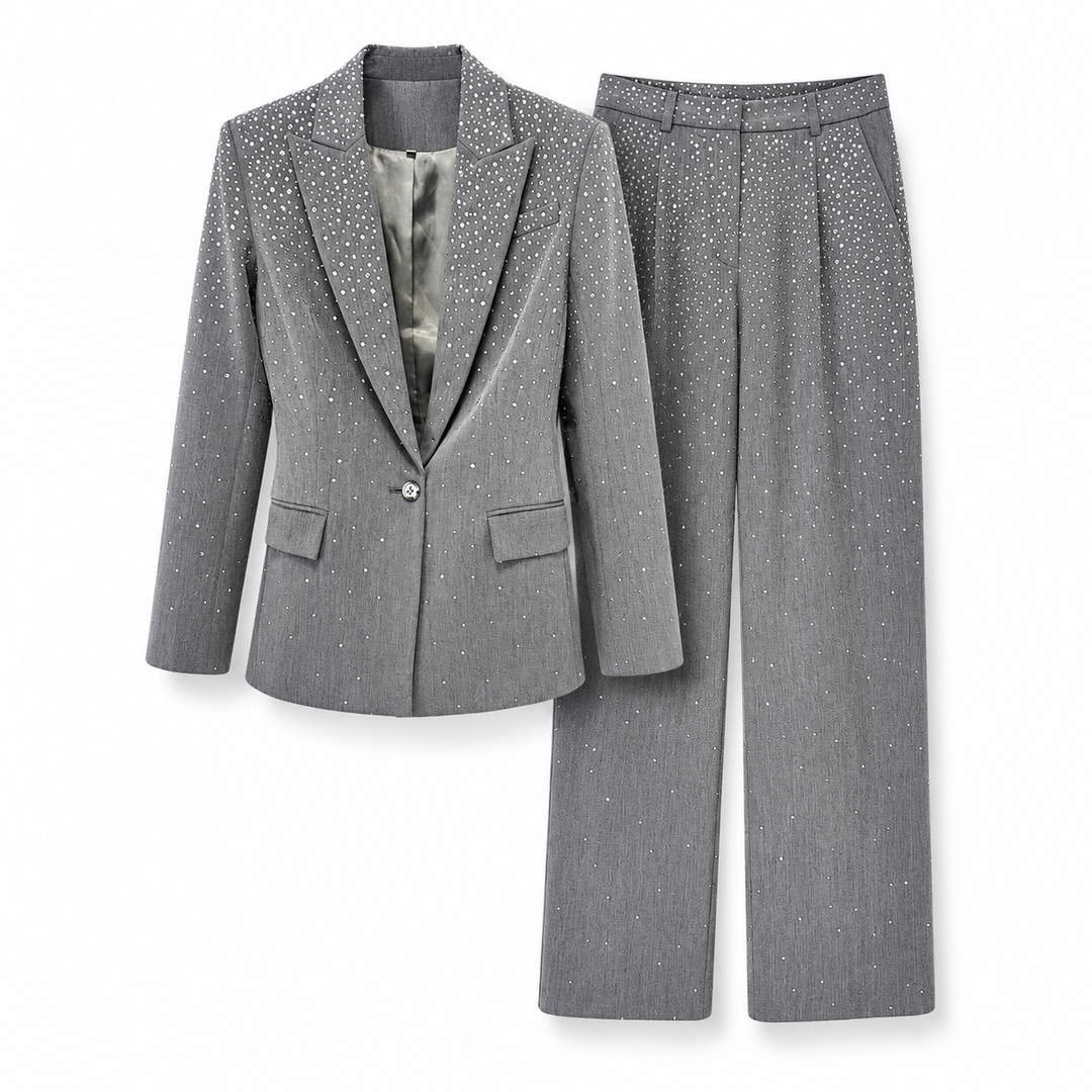 Rhinestone Tailored Blazer & Wide-Leg Pants Set - Silver