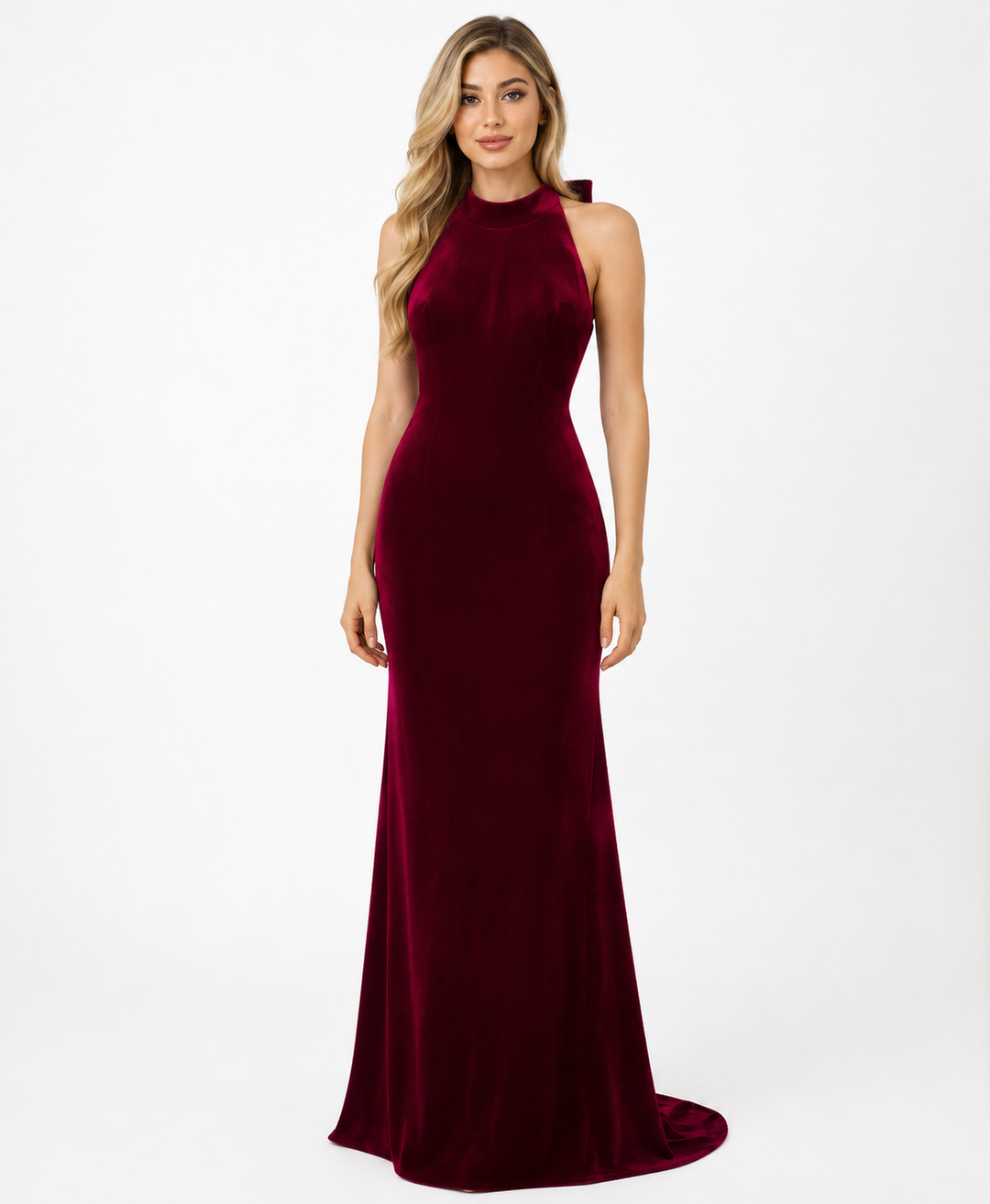 Burgundy Velvet Halter Gown – Merlot