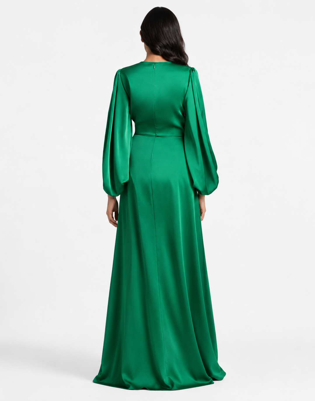 Ruched Sleeve Satin Gown - Emerald