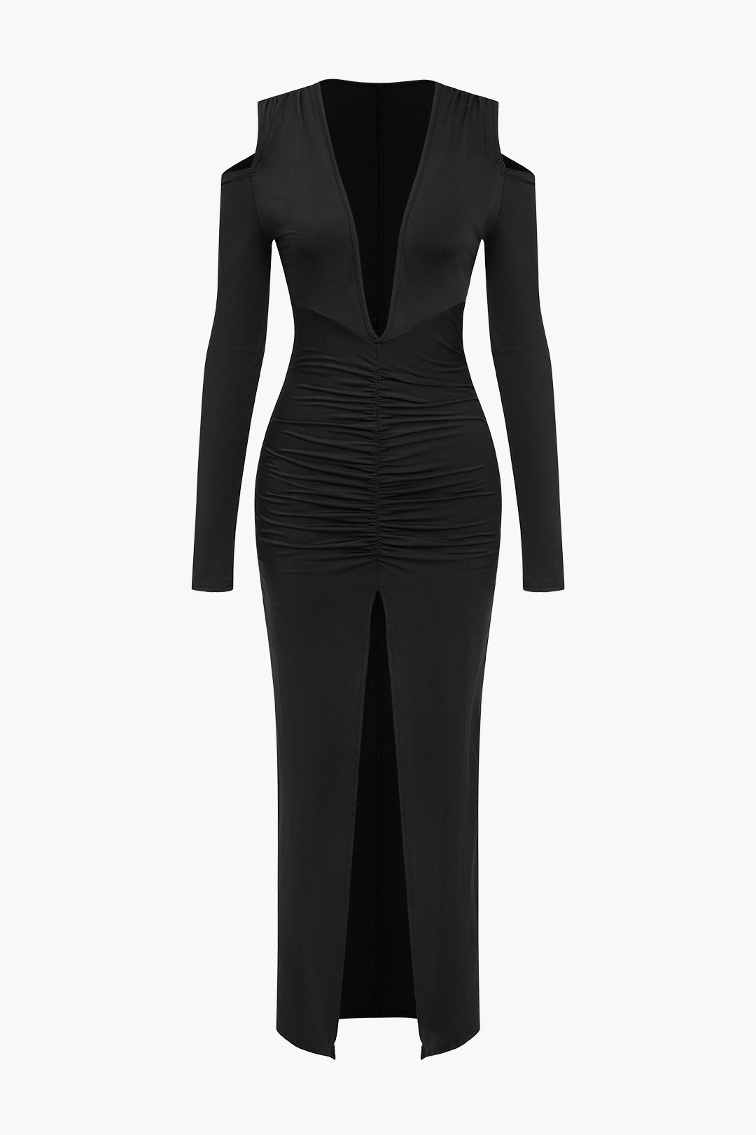 Ruched V-Neck Long Sleeve Maxi Dress