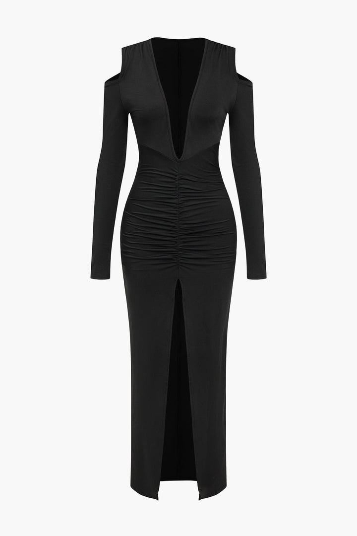 Ruched V-Neck Long Sleeve Maxi Dress