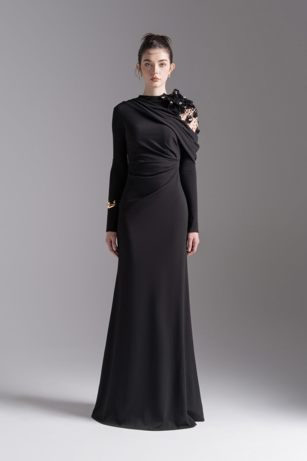 Asymmetric embellished shoulder gown – NOCTURNE