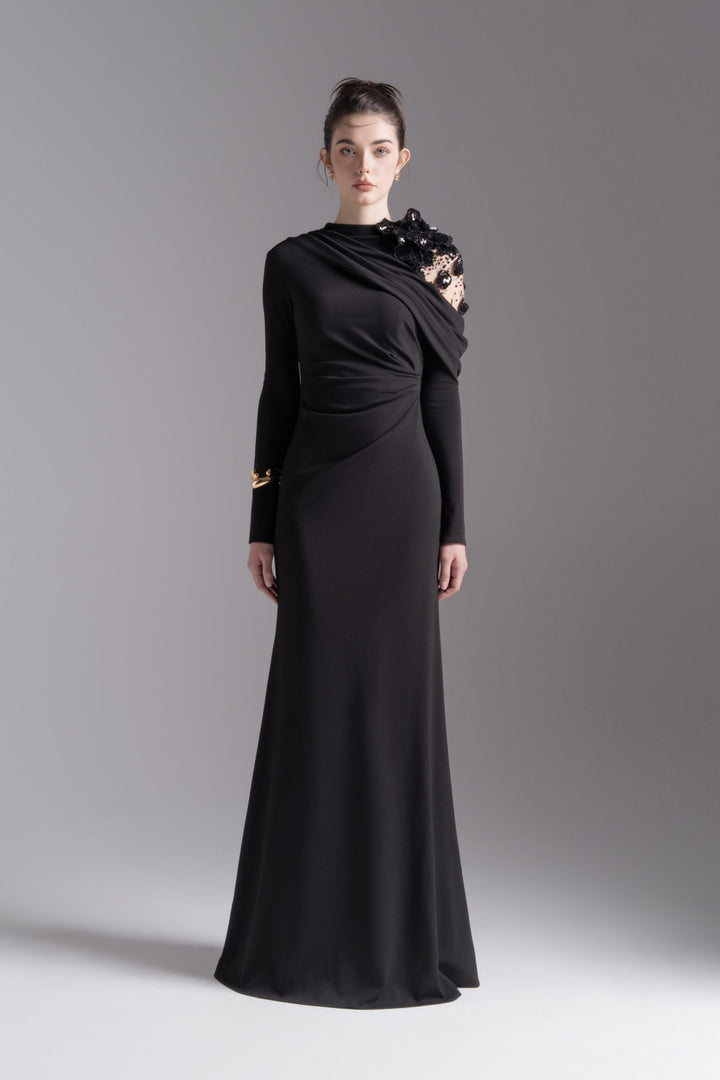 Asymmetric embellished shoulder gown – NOCTURNE
