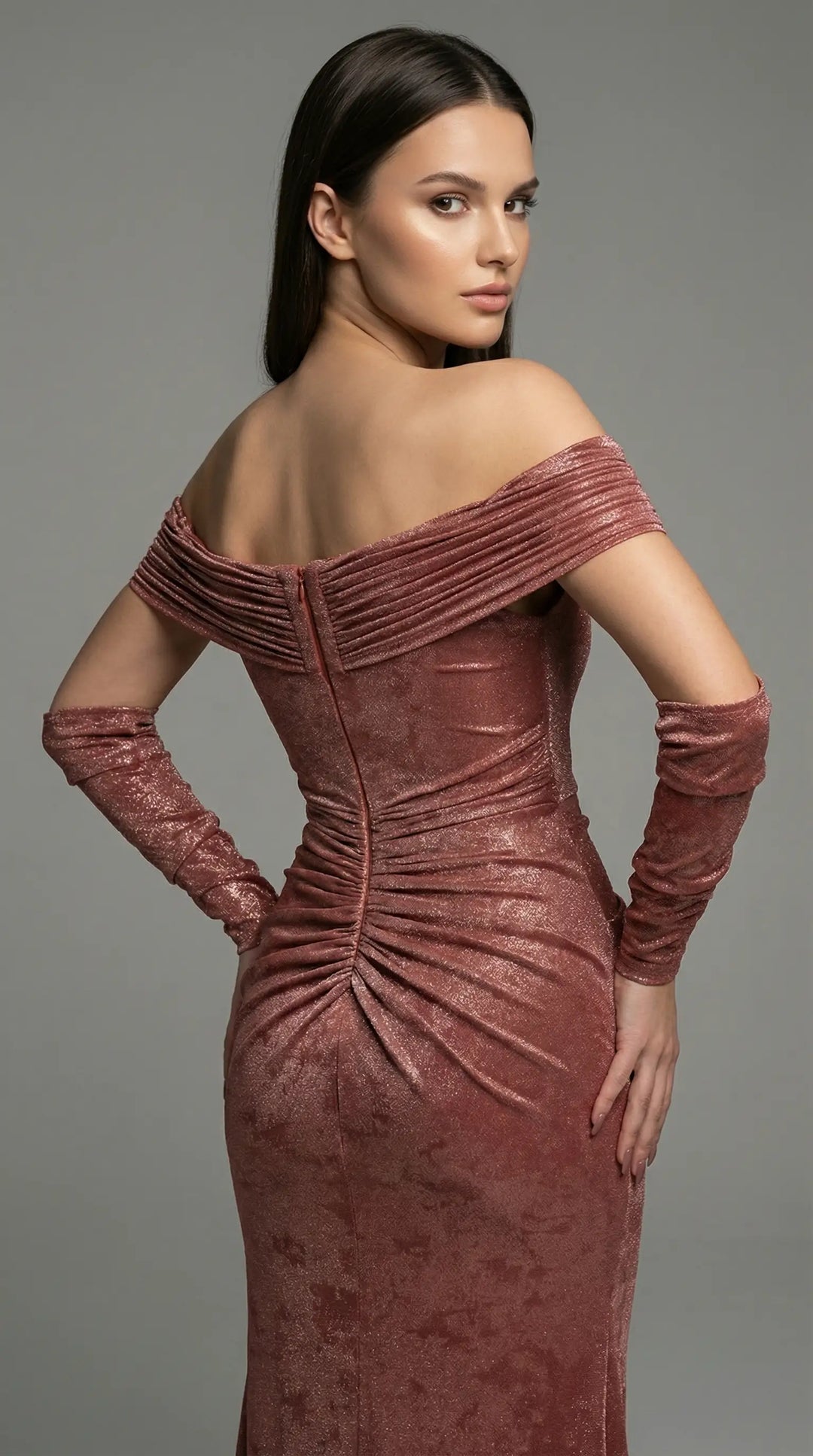 A shimmering, off-the-shoulder evening dress embellished with crystals 2436- JOLII