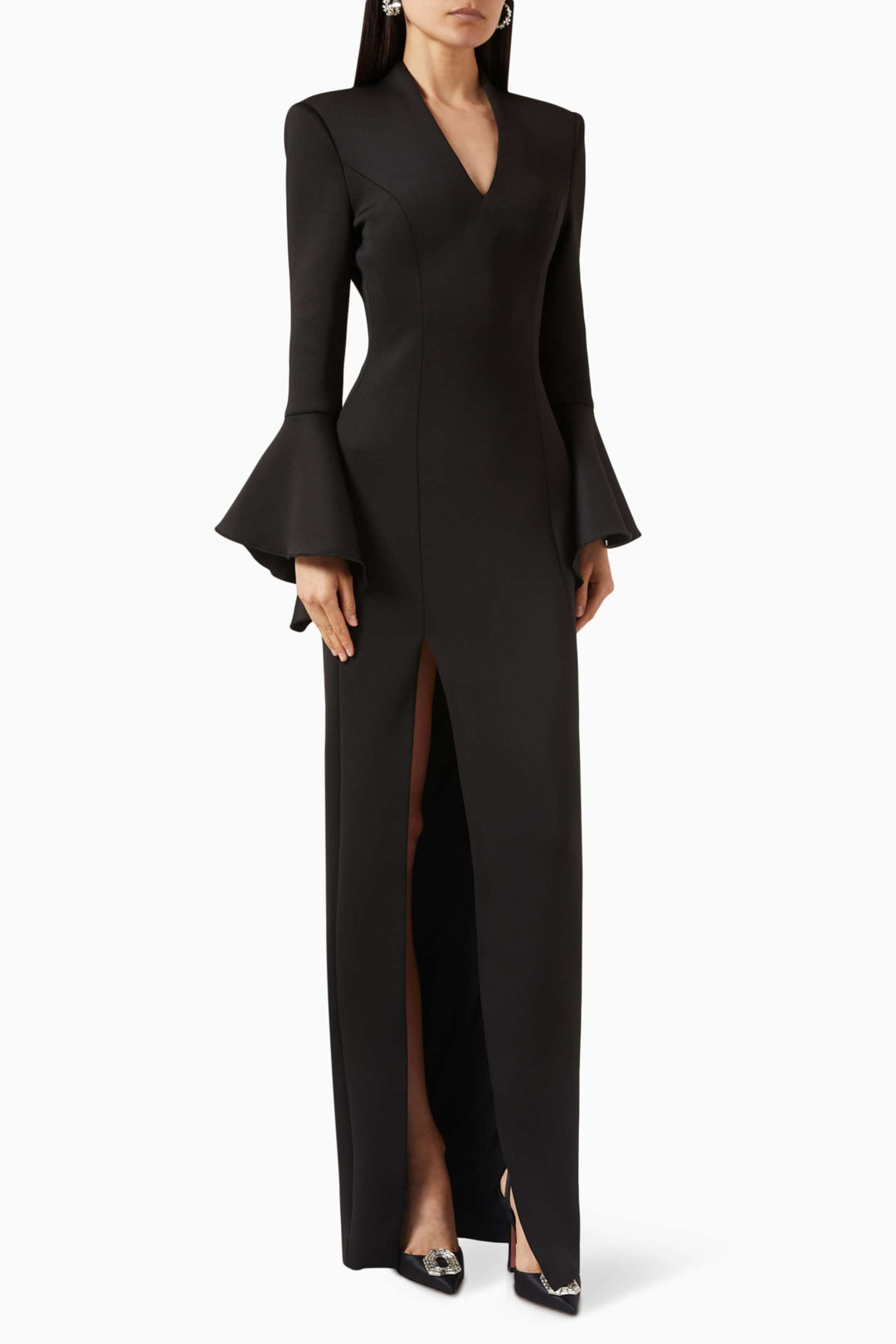 long-sleeve flared-cuff slit gown – IVORYS
