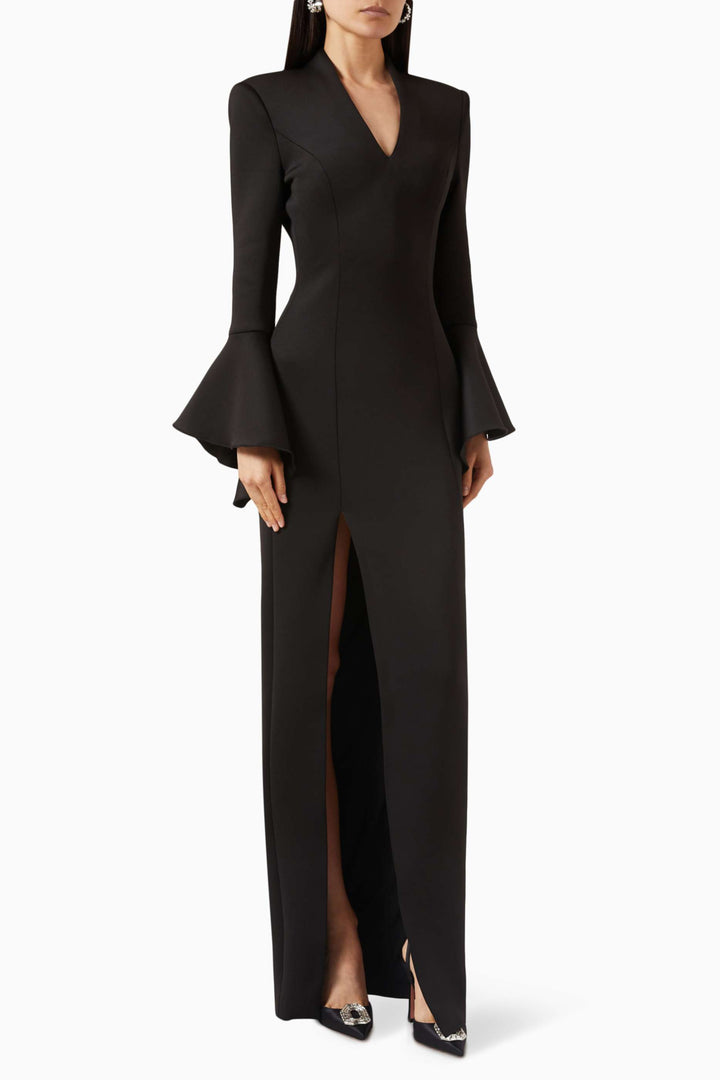 long-sleeve flared-cuff slit gown – IVORYS