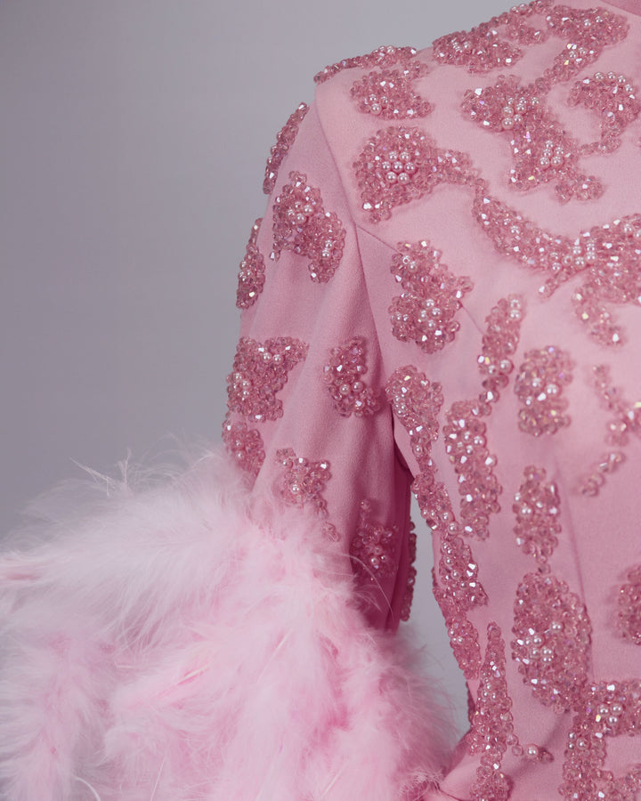 Beaded column dress with feather sleeves-Satchel