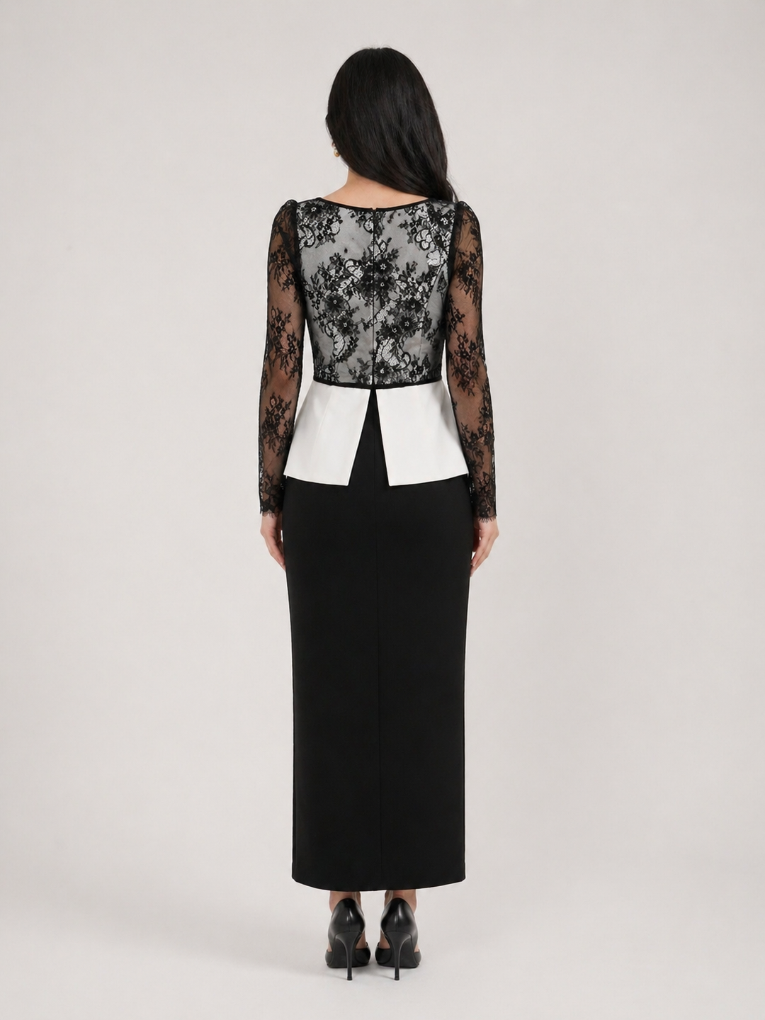 Black & Ivory Lace Panel Midi Dress with Structured Waist – NOIRÉ