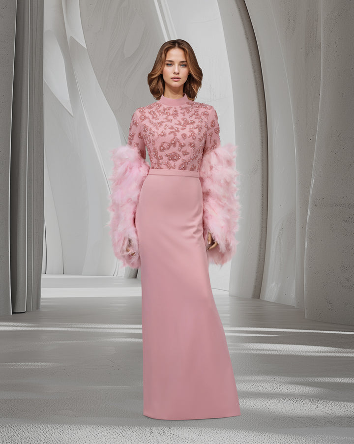 Beaded column dress with feather sleeves-Satchel