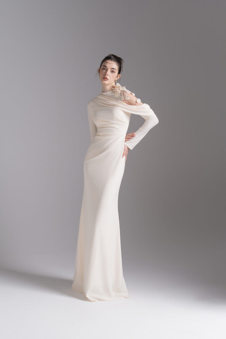 Asymmetric embellished shoulder gown – NOCTURNE