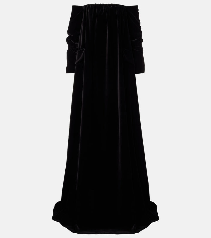 Off-shoulder velvet column gown with long sleeves – NOIRELLE