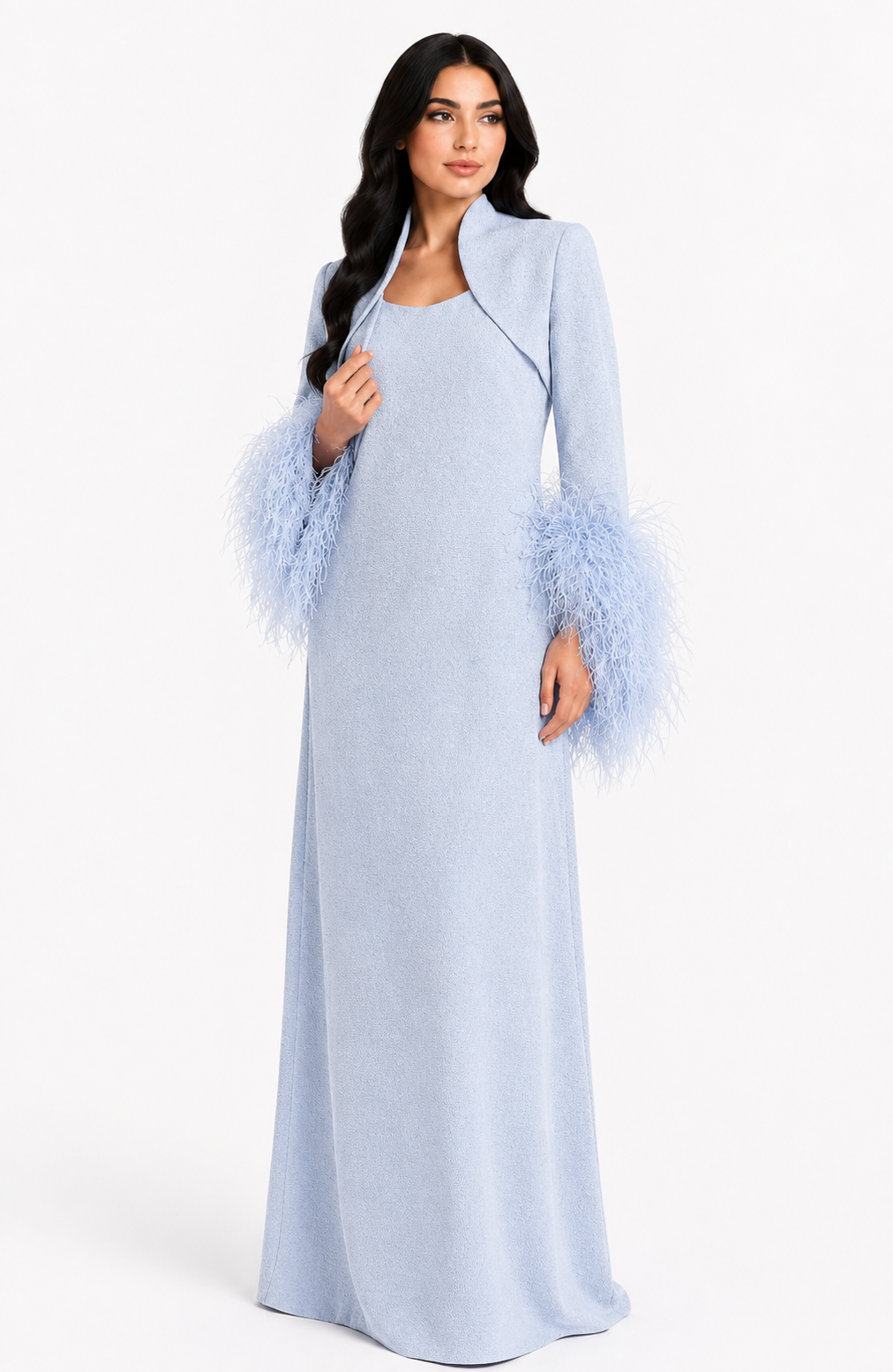 Powder Blue Feather Cuff Maxi Dress - Celeste