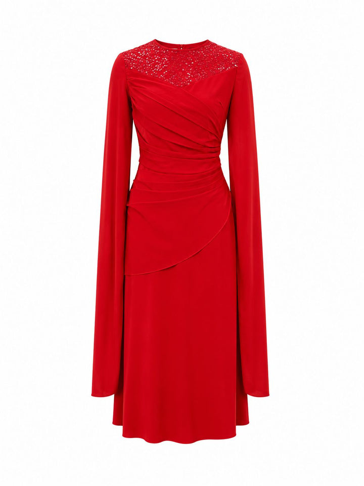 Burgundy Sequin Mesh Ruched Evening Dress