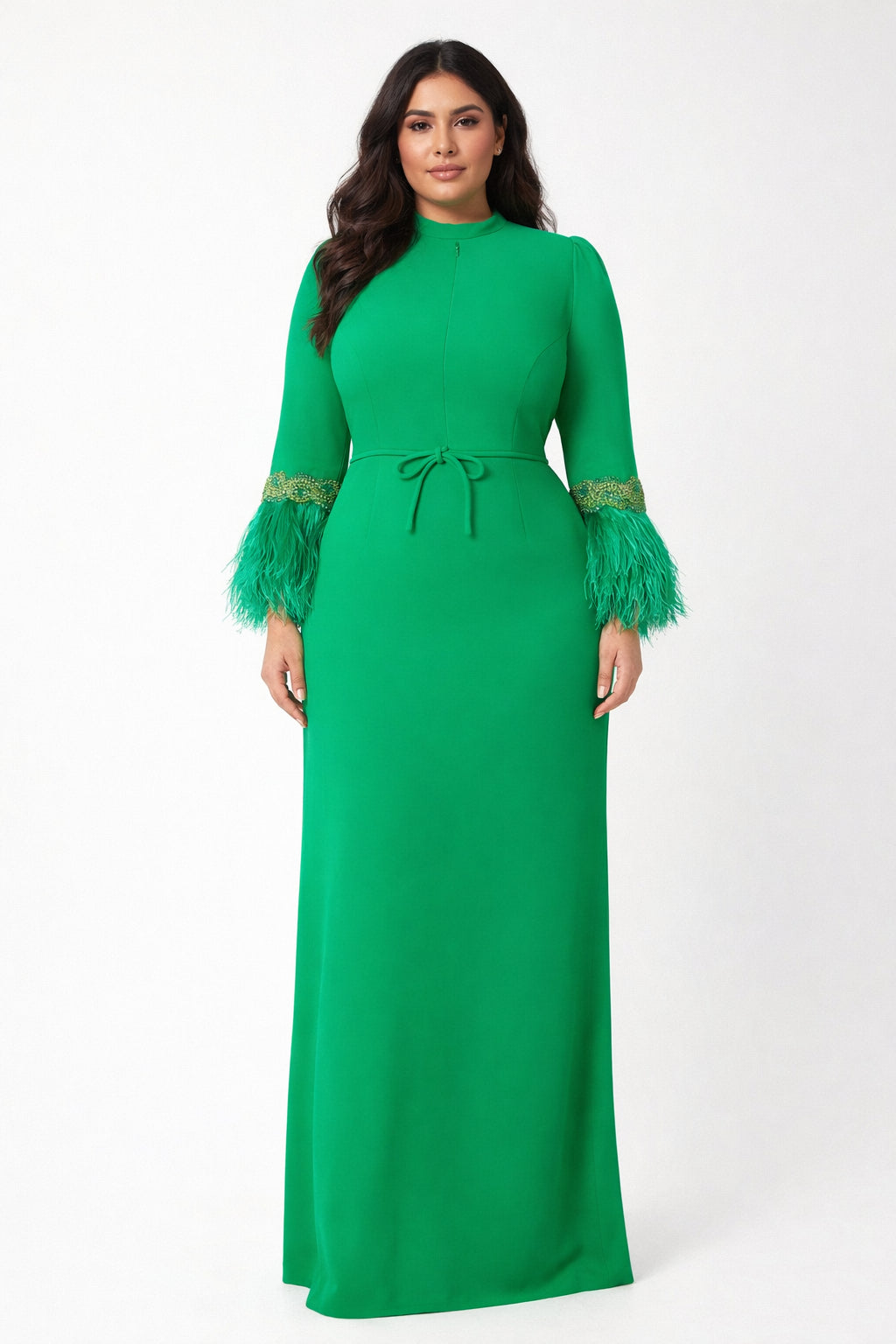 feather-trim slit-cuff gown – Tojen-1