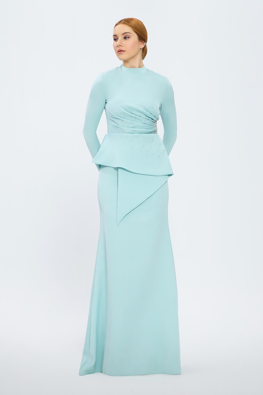 long-sleeve peplum gown with crystal draping – SERENE