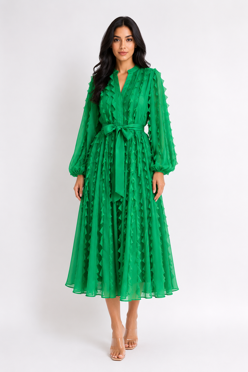 Ruffled Chiffon Tie-Waist Midi Dress - Ivory