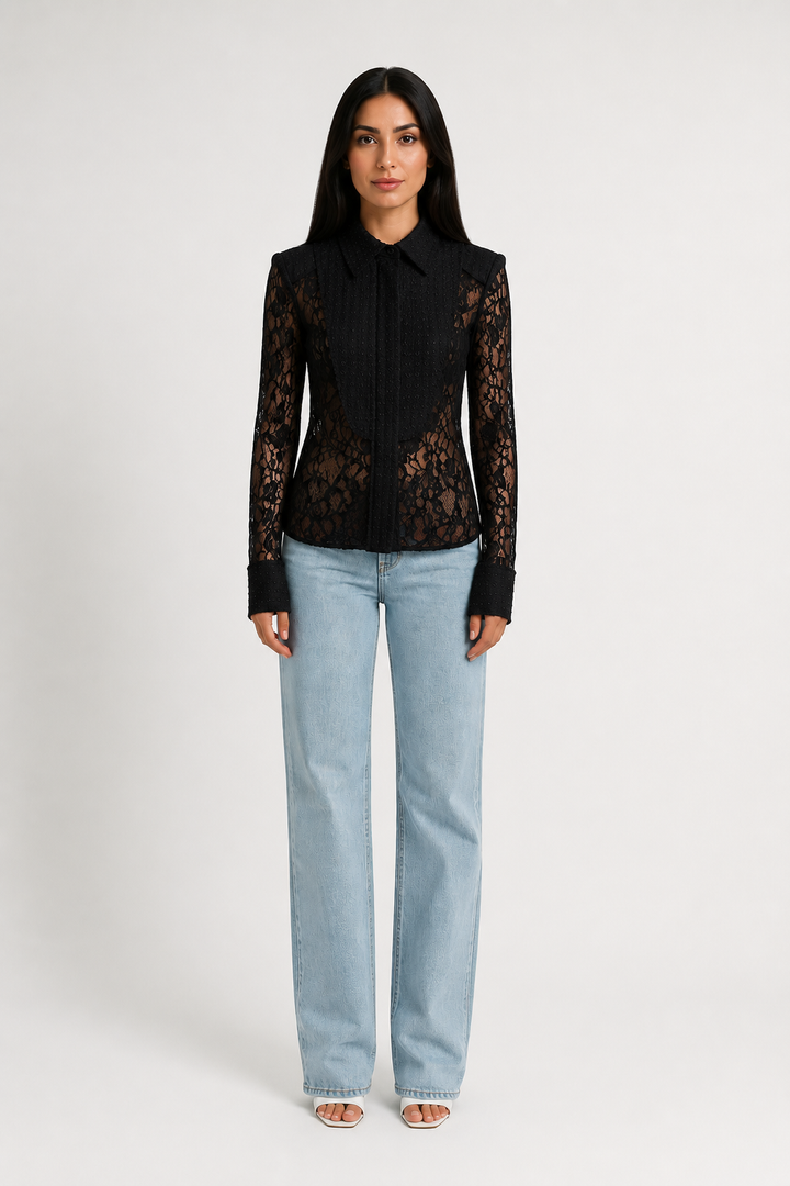 Elegant Sheer Lace Button-Up Blouse - Luxury