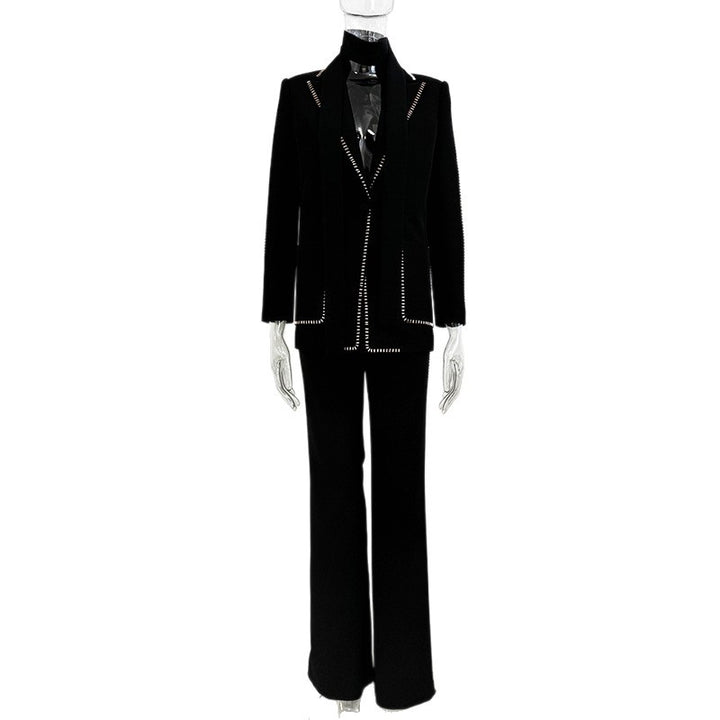 tailored blazer and flared pants set with stud trim detail – MIDNIGHT