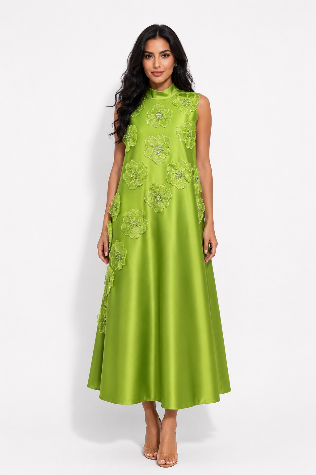Floral Appliqué Satin A-Line Dress - Champagne