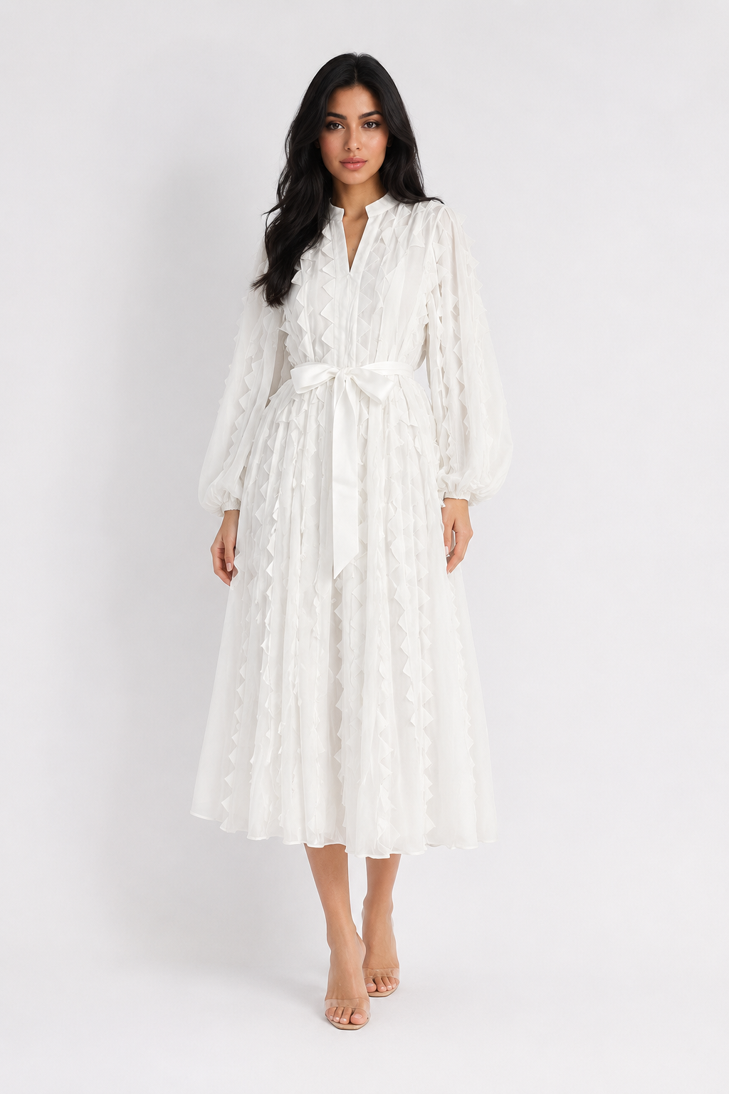 Ruffled Chiffon Tie-Waist Midi Dress - Ivory